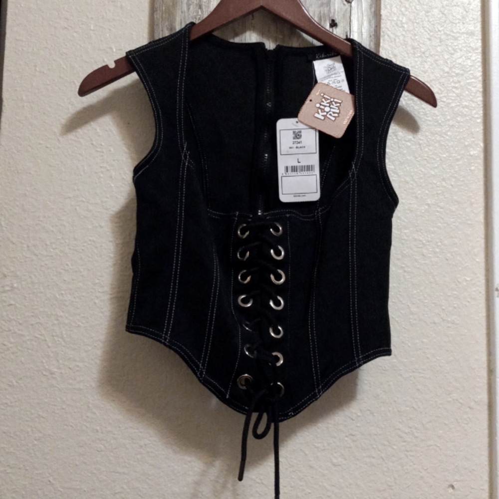 Lace Zipper corset vest stretch Large black NWT! Kiki Riki